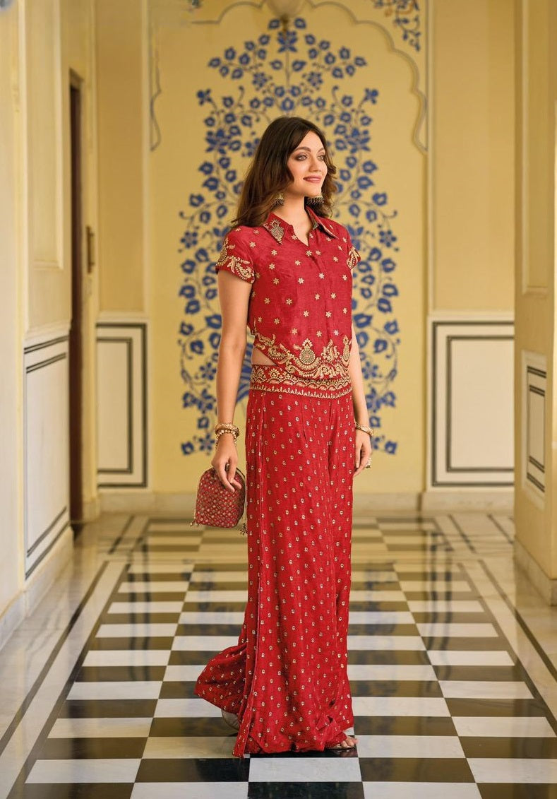 red silk with fancy embroidery work co-ord sets