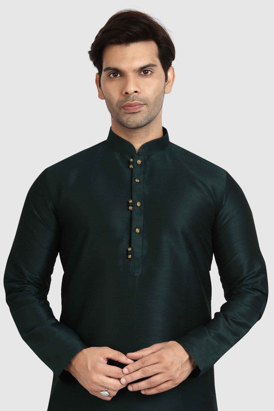 Men's Dark Green Art Silk Solid Kurta Pajama Set