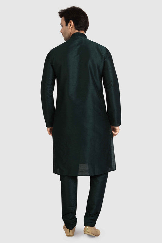 Men's Dark Green Art Silk Solid Kurta Pajama Set
