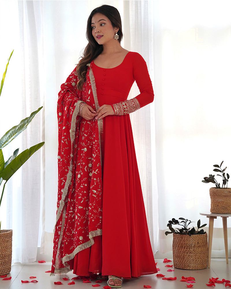 Red Color Soft Georgette Anarkali Gown With Heavy Embroidery Work Dupatta  - By Qivii