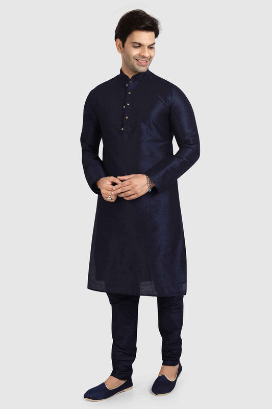 Men's Navy Blue Art Silk Solid Kurta Pajama Set