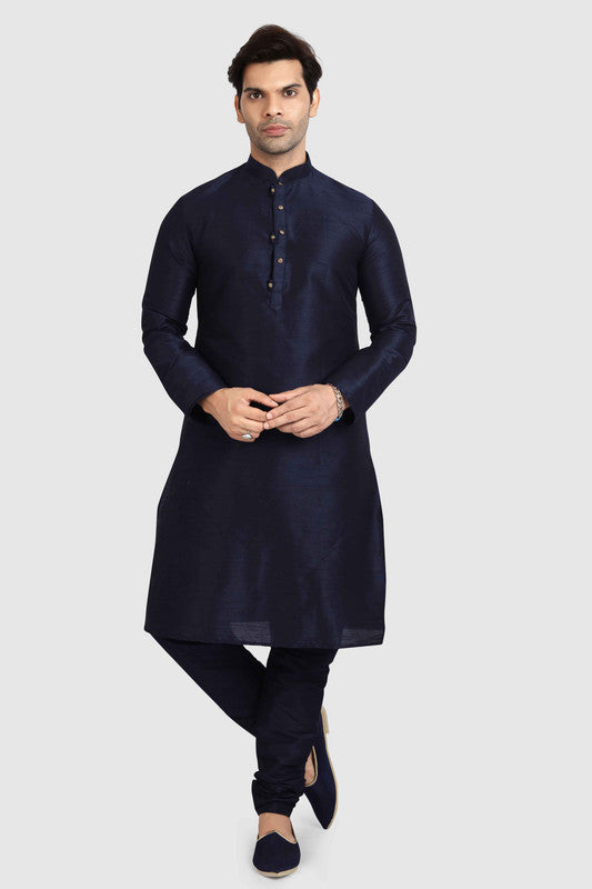 Men's Navy Blue Art Silk Solid Kurta Pajama Set