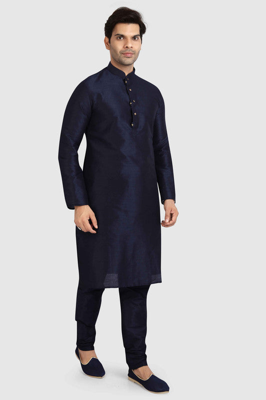 Men's Navy Blue Art Silk Solid Kurta Pajama Set