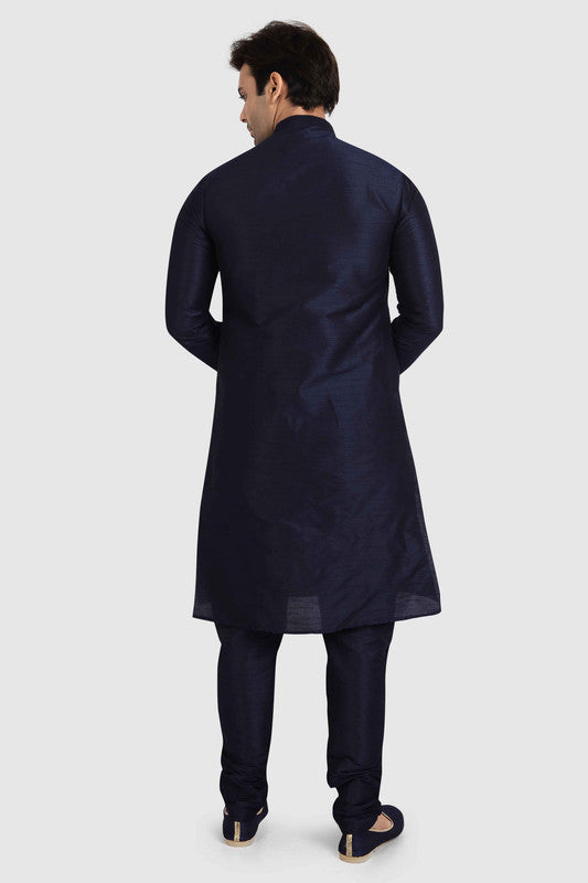 Men's Navy Blue Art Silk Solid Kurta Pajama Set