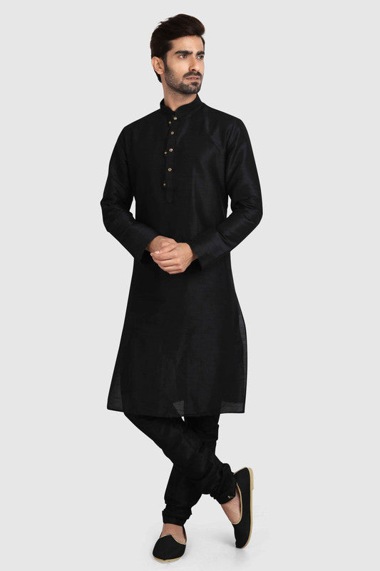 Men's Black Art Silk Solid Kurta Pajama Set