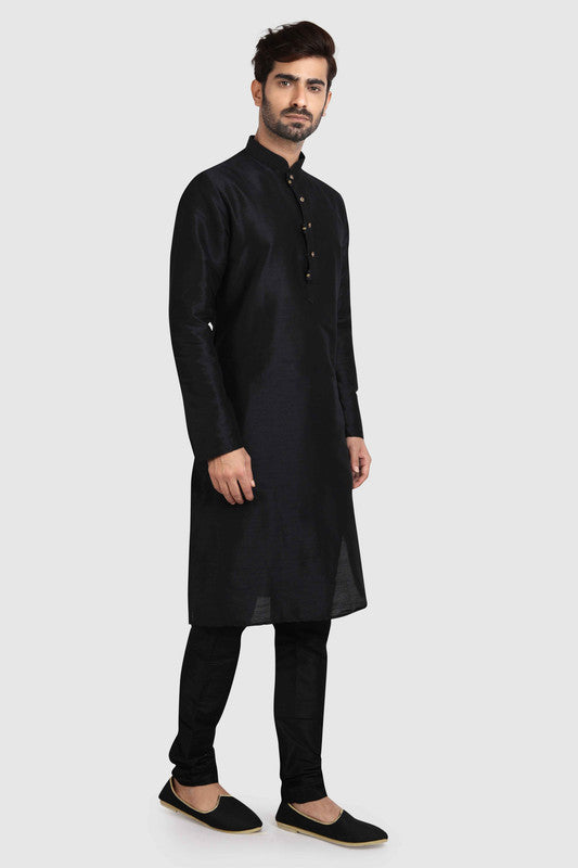 Men's Black Art Silk Solid Kurta Pajama Set