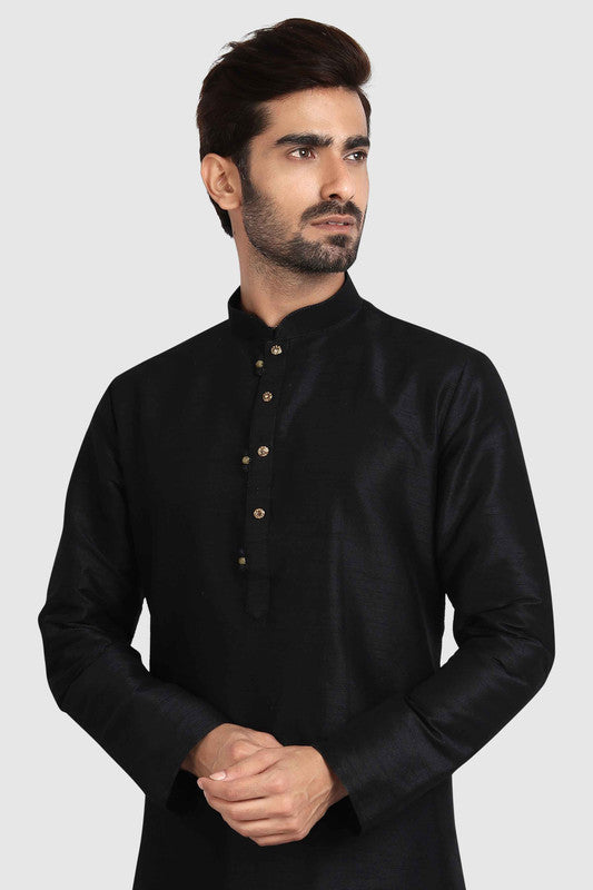 Men's Black Art Silk Solid Kurta Pajama Set