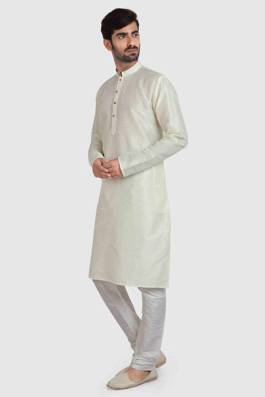 Men's Cream Art Silk Solid Kurta Pajama Set