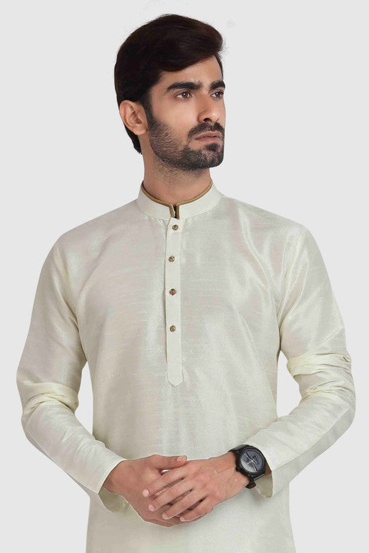 Men's Cream Art Silk Solid Kurta Pajama Set