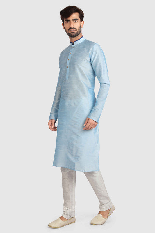 Men's Sky Blue Art Silk Solid Kurta Pajama Set