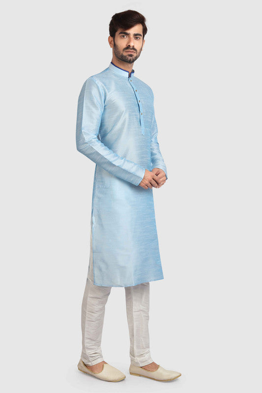 Men's Sky Blue Art Silk Solid Kurta Pajama Set