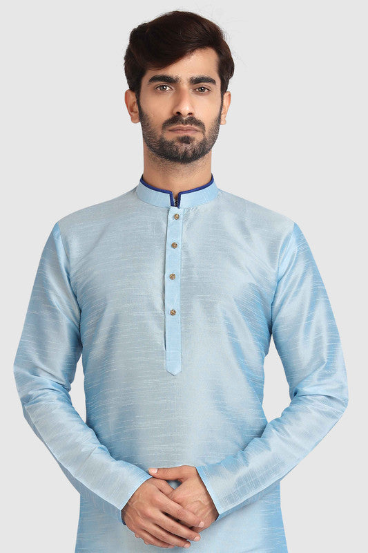 Men's Sky Blue Art Silk Solid Kurta Pajama Set
