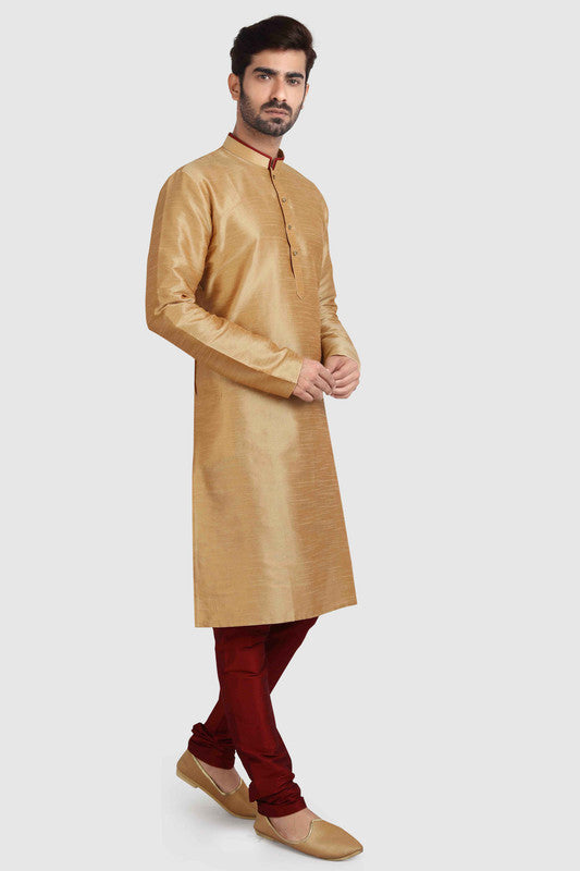 Men's Chikoo Art Silk Solid Kurta Pajama Set
