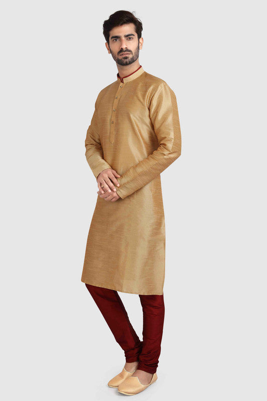 Men's Chikoo Art Silk Solid Kurta Pajama Set
