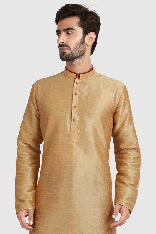 Men's Chikoo Art Silk Solid Kurta Pajama Set