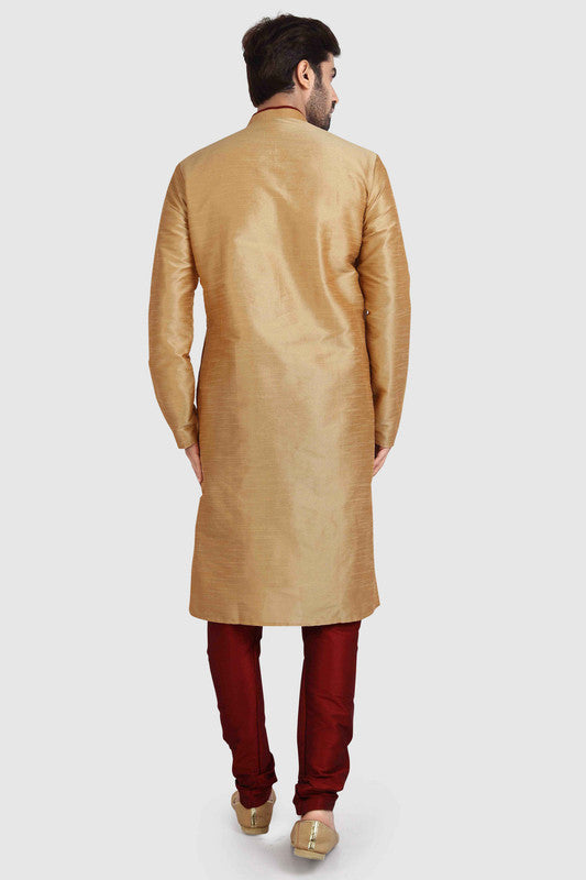 Men's Chikoo Art Silk Solid Kurta Pajama Set