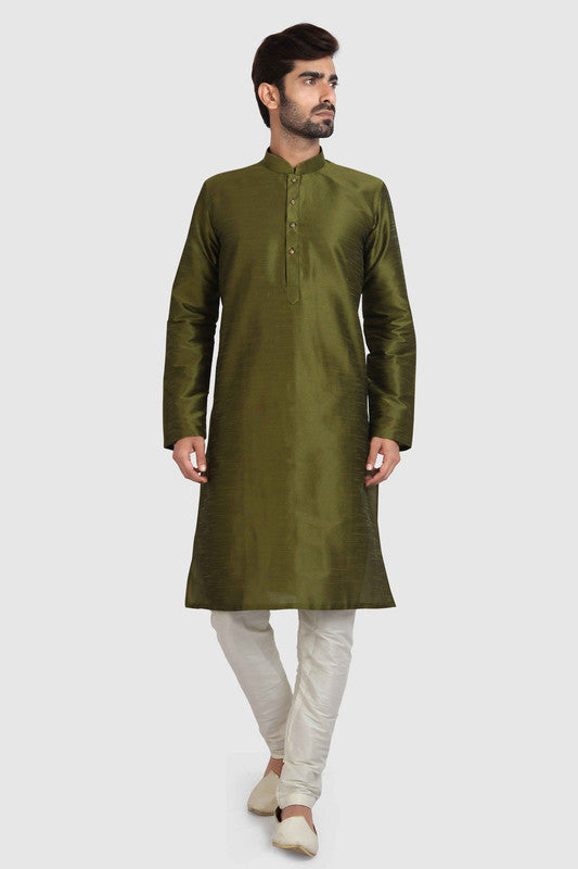 Men's Mehendi Green Art Silk Solid Kurta Pajama Set