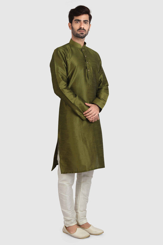 Men's Mehendi Green Art Silk Solid Kurta Pajama Set