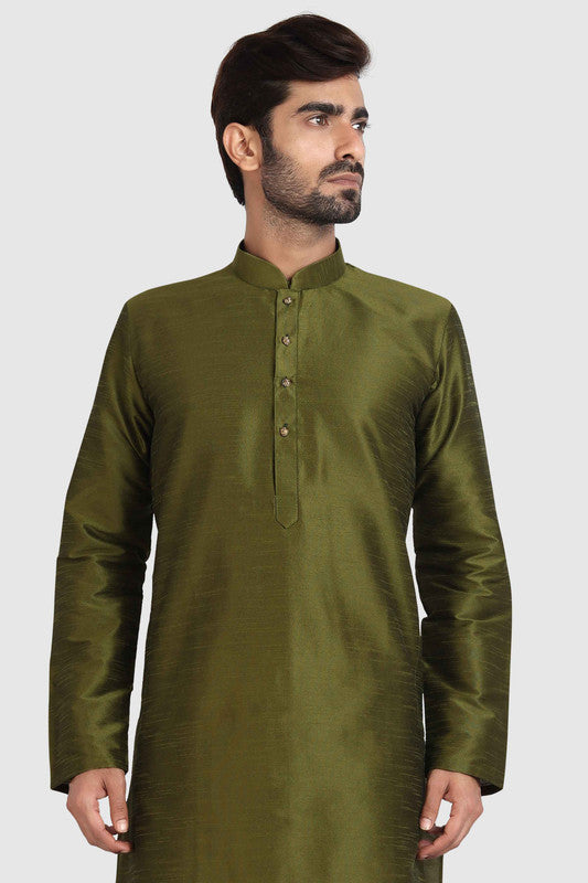 Men's Mehendi Green Art Silk Solid Kurta Pajama Set