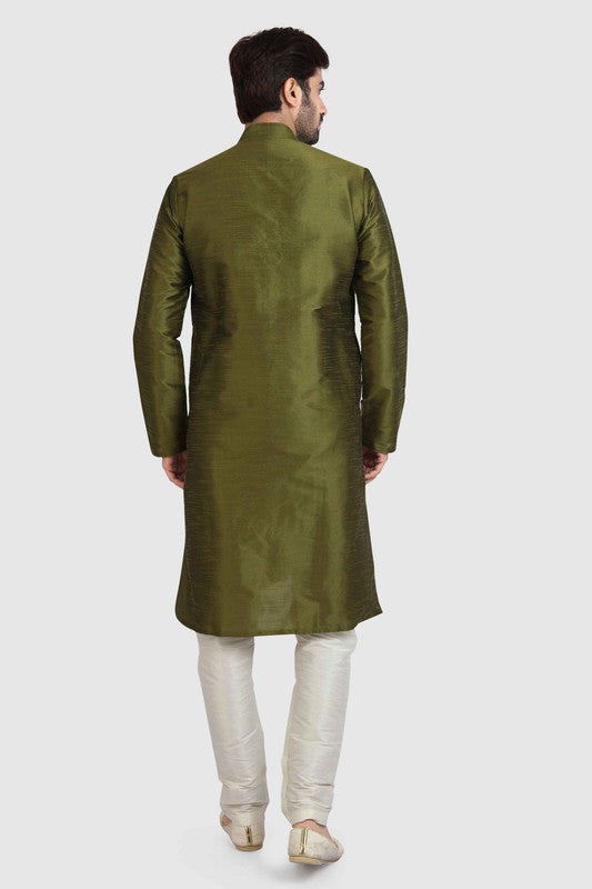 Men's Mehendi Green Art Silk Solid Kurta Pajama Set
