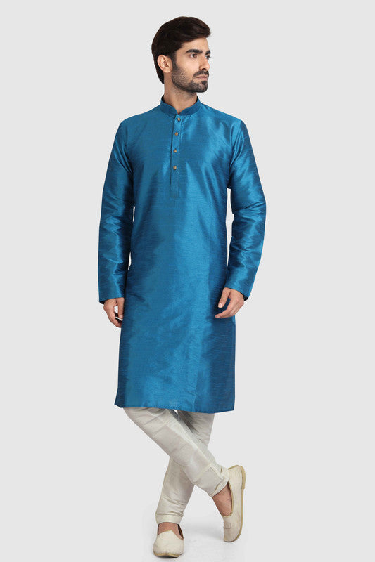 Men's Teal Blue Art Silk Solid Kurta Pajama Set