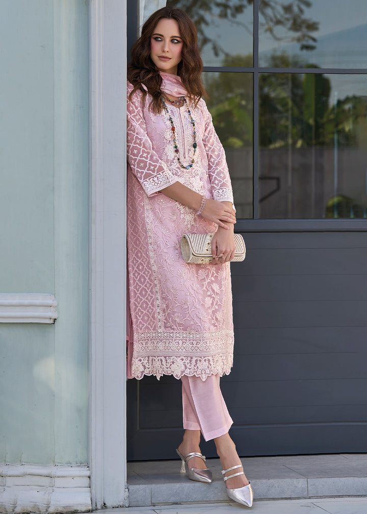 Lavender Rose Pink Embroidered Designer Organza Suit