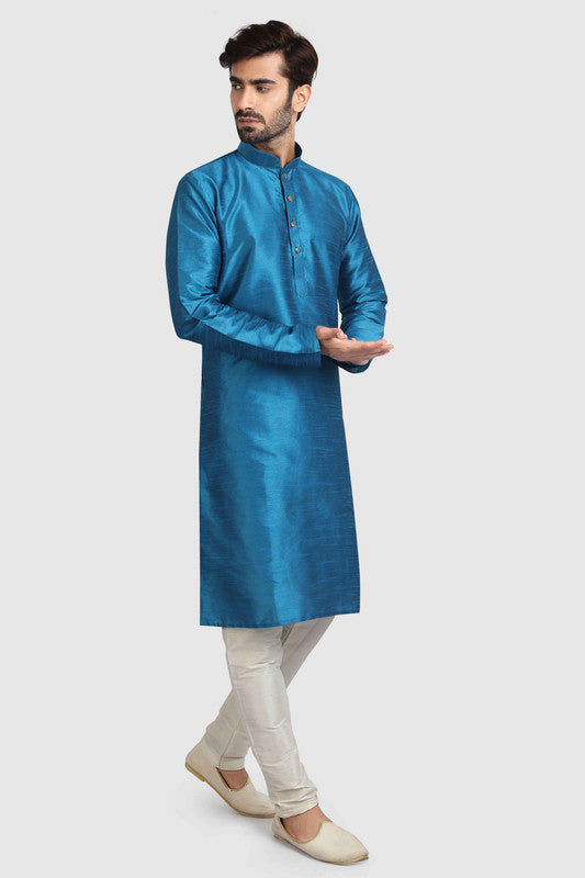 Men's Teal Blue Art Silk Solid Kurta Pajama Set