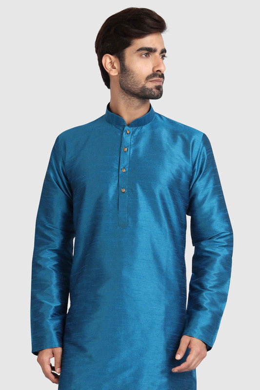 Men's Teal Blue Art Silk Solid Kurta Pajama Set
