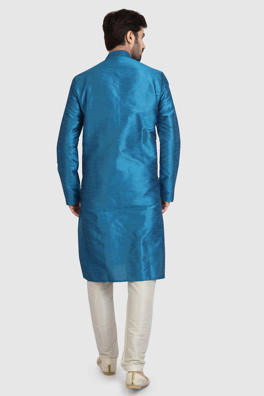 Men's Teal Blue Art Silk Solid Kurta Pajama Set