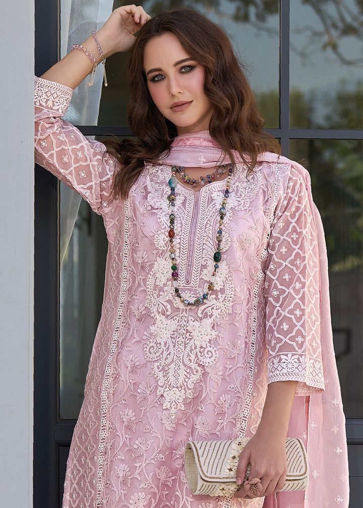 Lavender Rose Pink Embroidered Designer Organza Suit