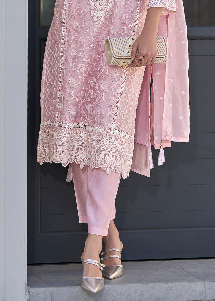 Lavender Rose Pink Embroidered Designer Organza Suit