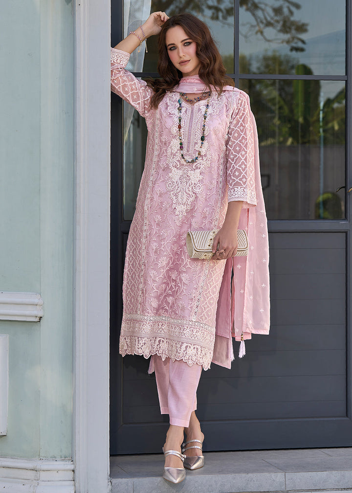 Lavender Rose Pink Embroidered Designer Organza Suit