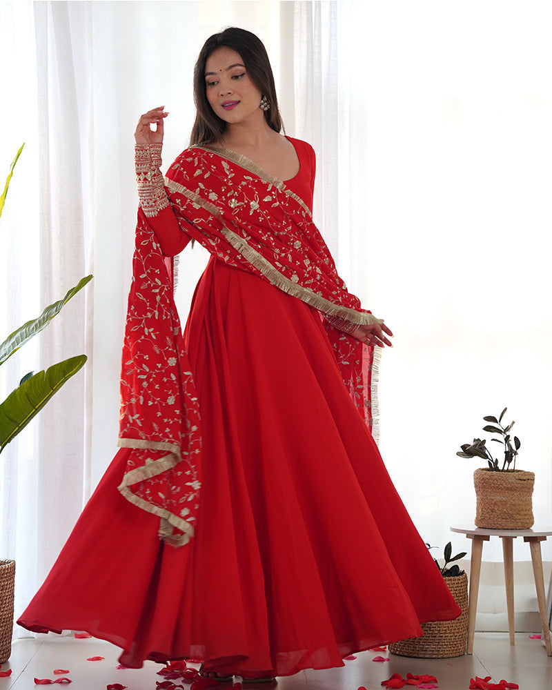 Beautiful Red Color Soft Georgette Anarkali Gown With Heavy Embroidery Work - Waist Detail