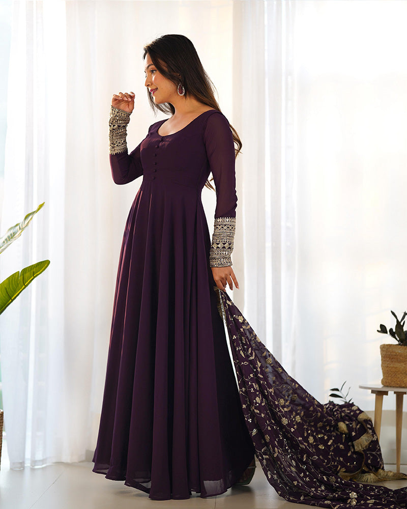 Wine Color Soft Georgette With Heavy Embroidery Work Dupatta Anarkali Suit  - By Qivii