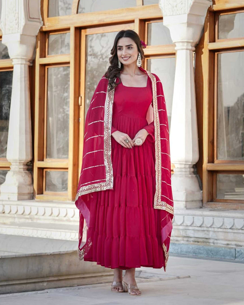 Rani Pink Color Five layer Georgette Anarkali Gown With Dupatta  - By Qivii