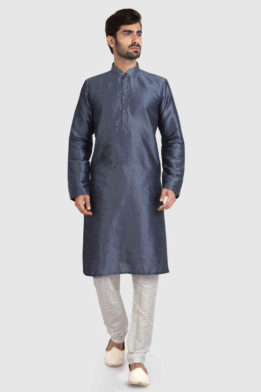 Men's Dark Grey Art Silk Solid Kurta Pajama Set