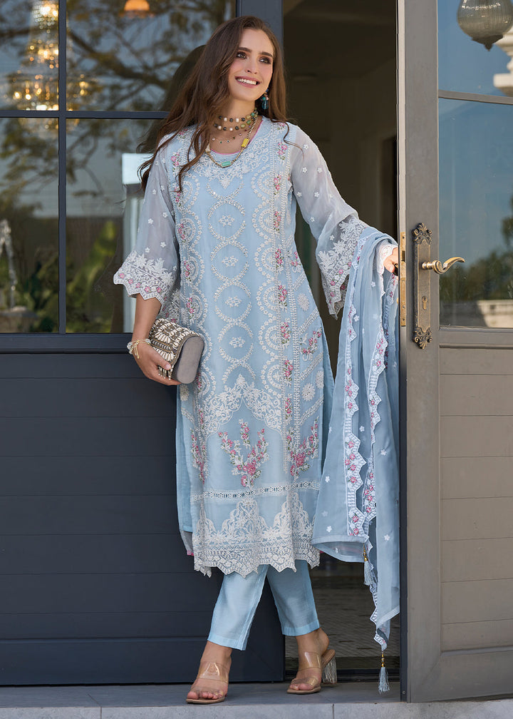 Baby Blue Embroidered Designer Organza Suit