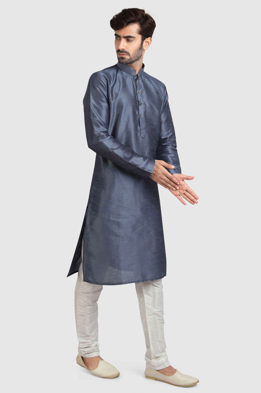 Men's Dark Grey Art Silk Solid Kurta Pajama Set