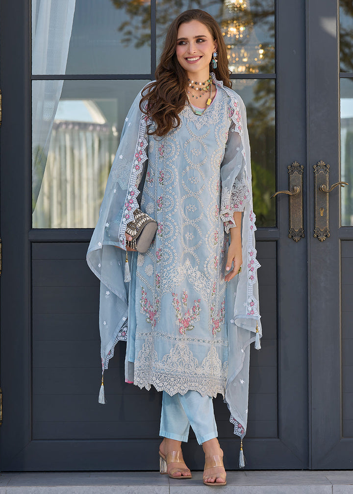 Baby Blue Embroidered Designer Organza Suit