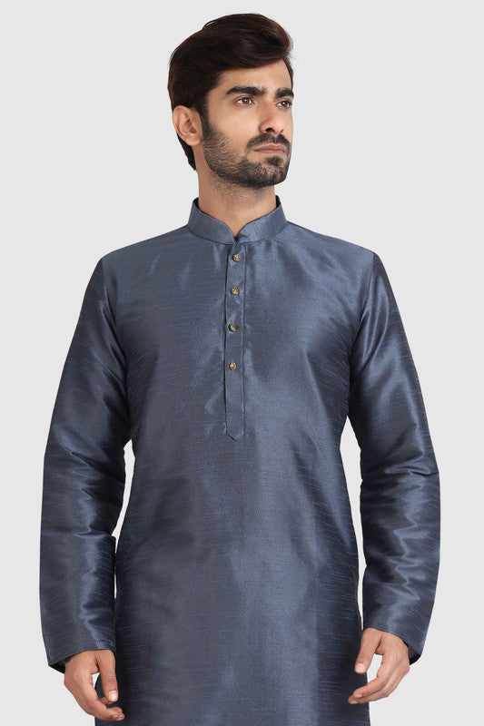 Men's Dark Grey Art Silk Solid Kurta Pajama Set