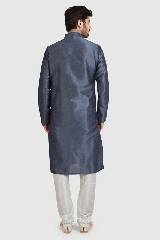Men's Dark Grey Art Silk Solid Kurta Pajama Set