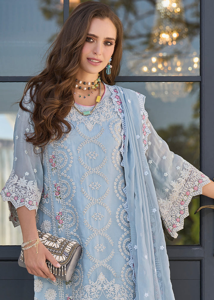 Baby Blue Embroidered Designer Organza Suit