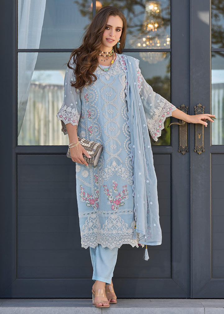 Baby Blue Embroidered Designer Organza Suit