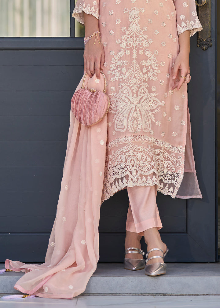 Light Peach Pink Embroidered Designer Organza Suit