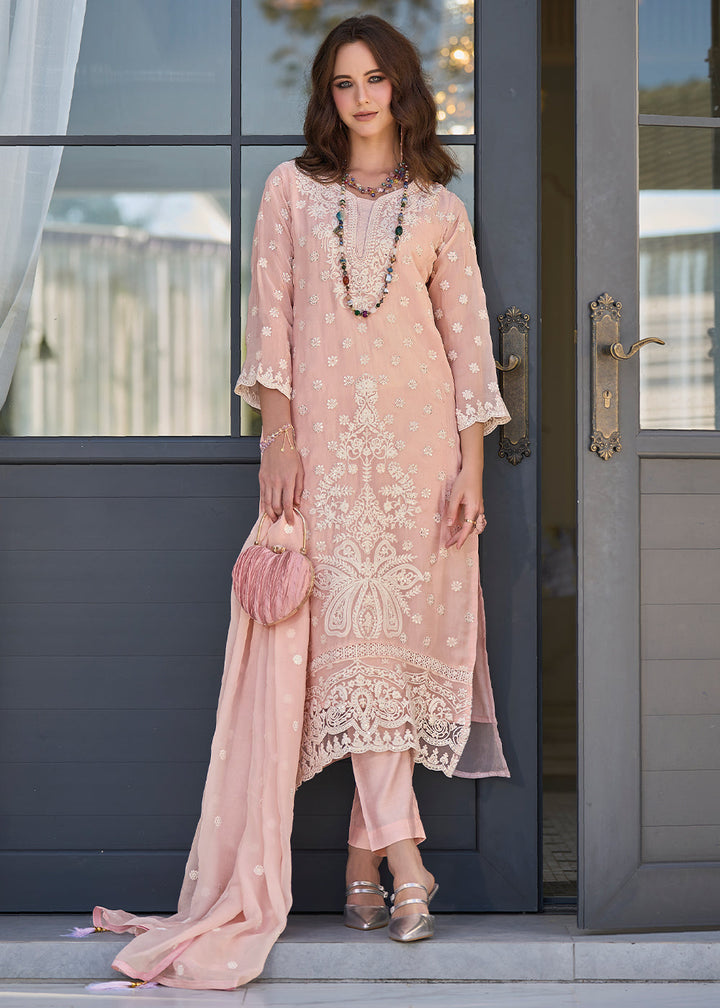 Light Peach Pink Embroidered Designer Organza Suit