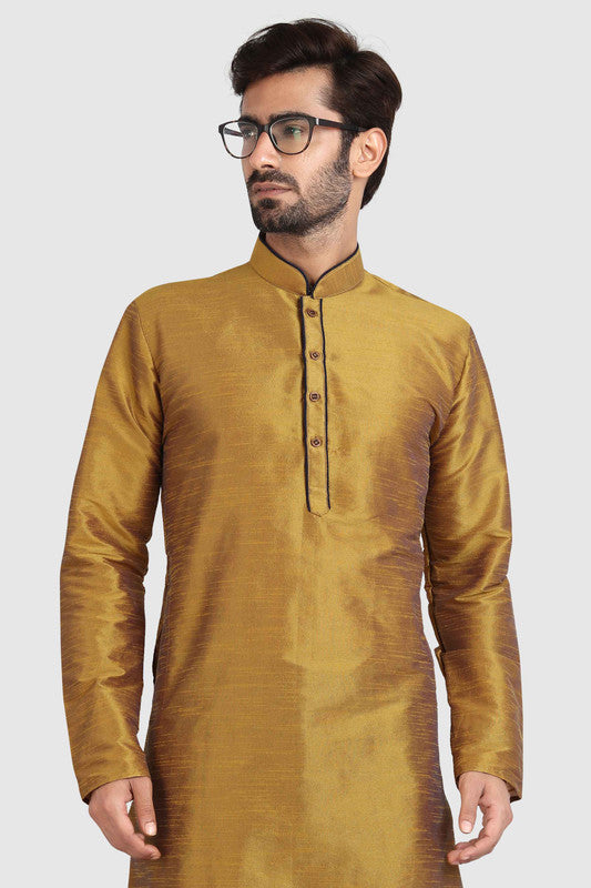 Men's Mustard Brown Art Silk Solid Kurta Pajama Set