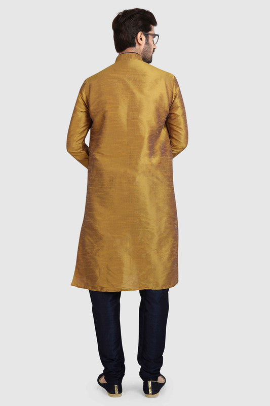 Men's Mustard Brown Art Silk Solid Kurta Pajama Set