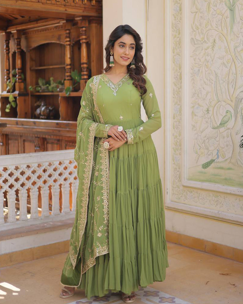  Elegant parrot green faux georgette designer anarkali gown with dupatta by Qivii, showcasing the flowy fabric and intricate design