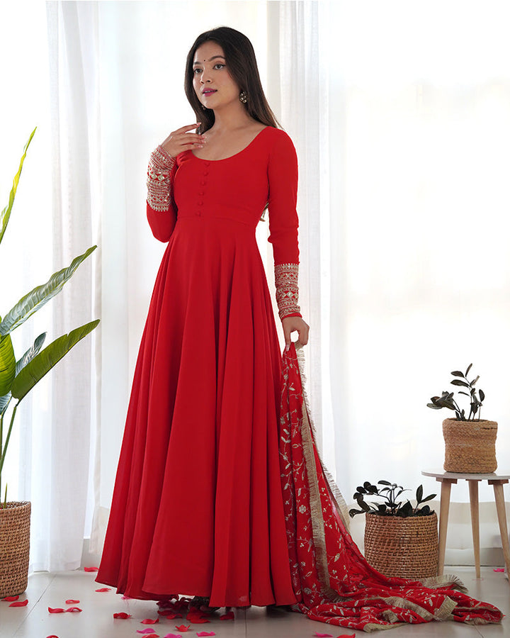 Red Color Soft Georgette Anarkali Gown With Heavy Embroidery Work Dupatta - Sleeve Detail