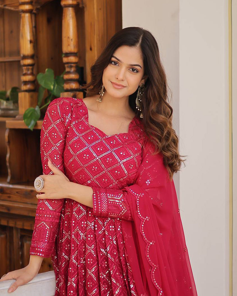 Pink Color Designer Anarkali Gown With Dupatta  - By Qivii